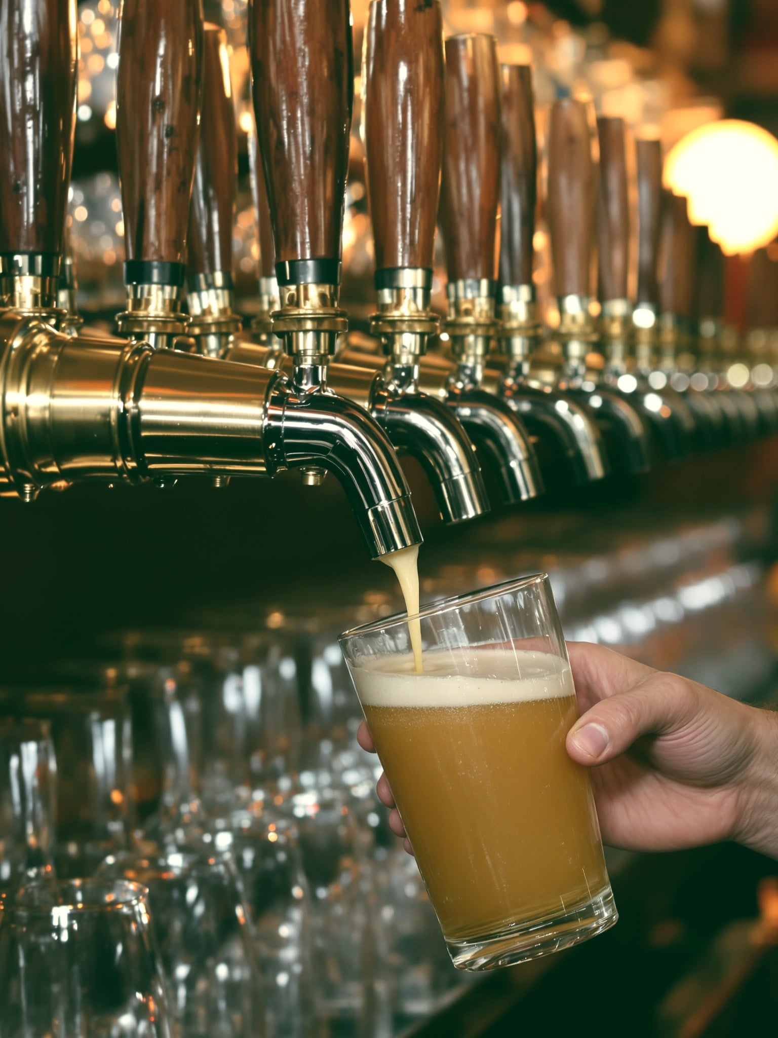 A pint being poured from a brass tap
