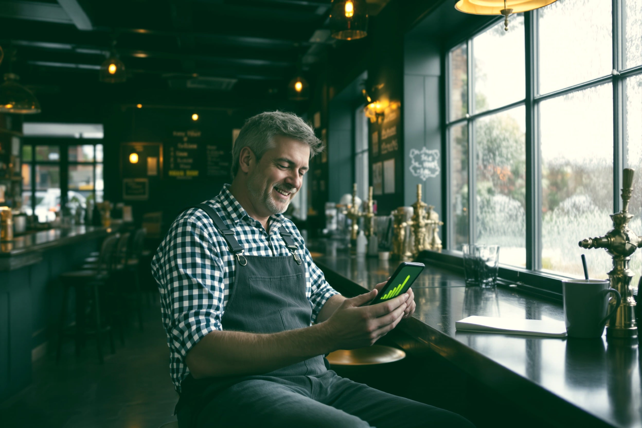 A landlord smiling at a rising chart on his phone in a quiet pub