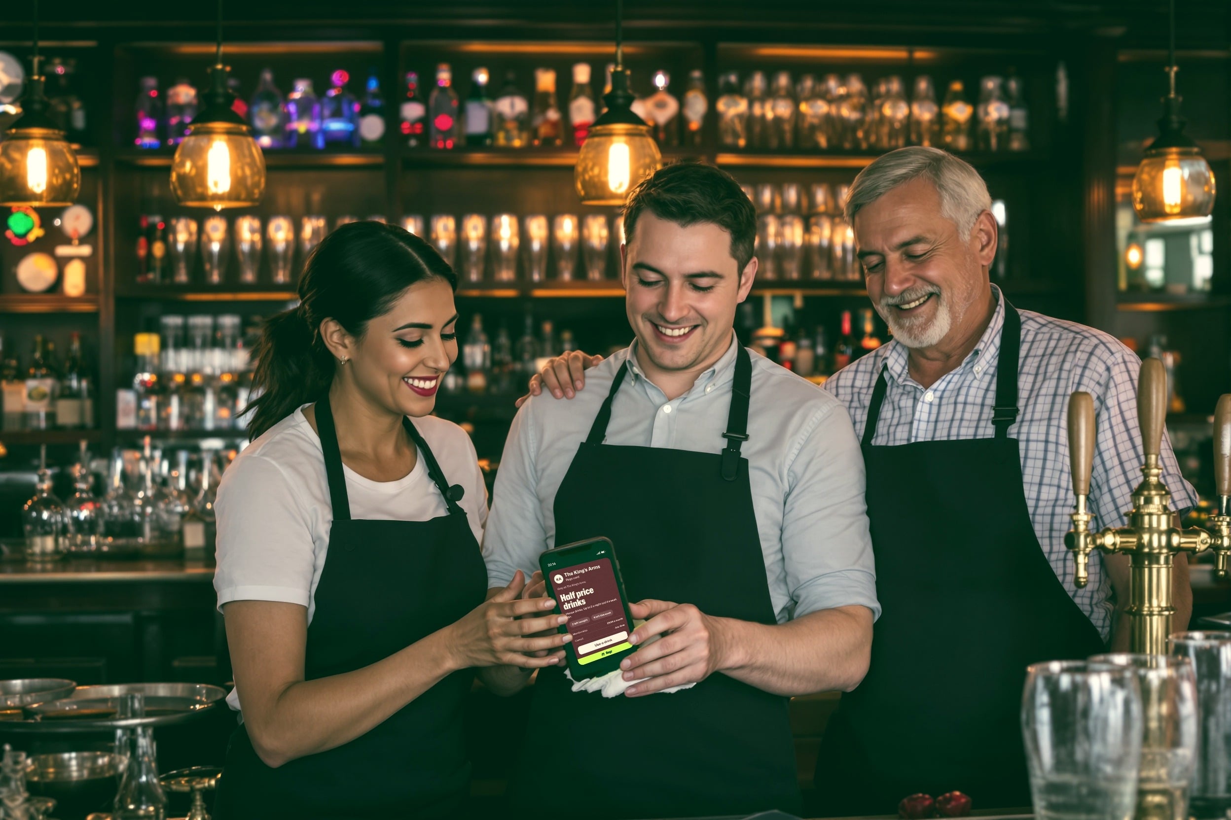 Three bar staff smiling at a Regz card on a phone